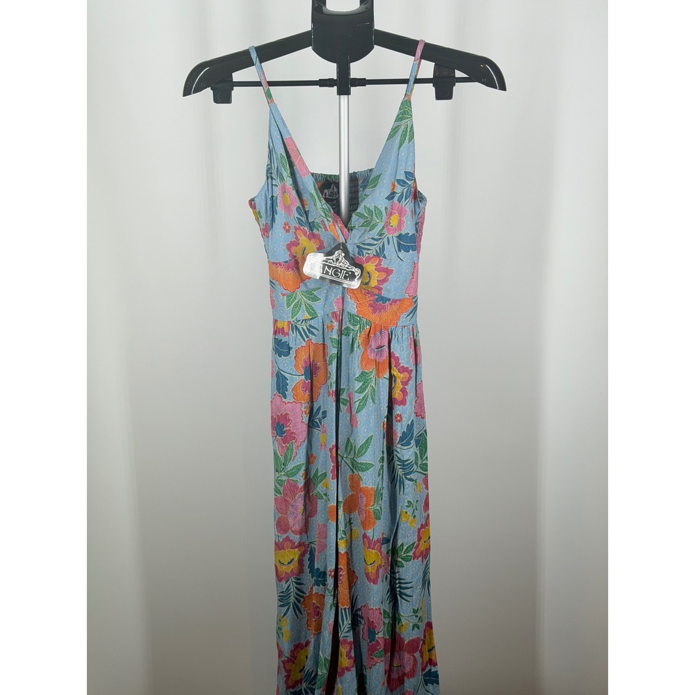 Angie Floral Maxi Dress Blue Tropical V-Neck Smocked Back Rayon Size Medium NWT
